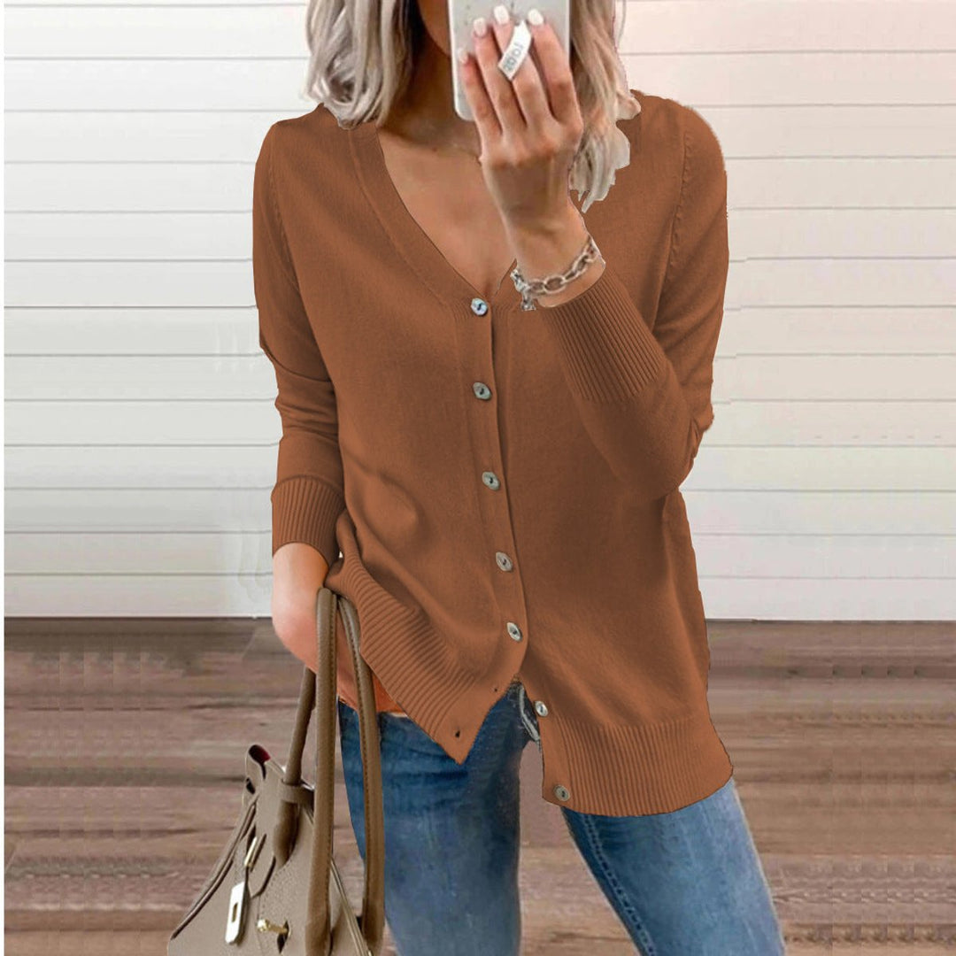 Damen Strickjacke Langarm mit V-Ausschnitt in Braun