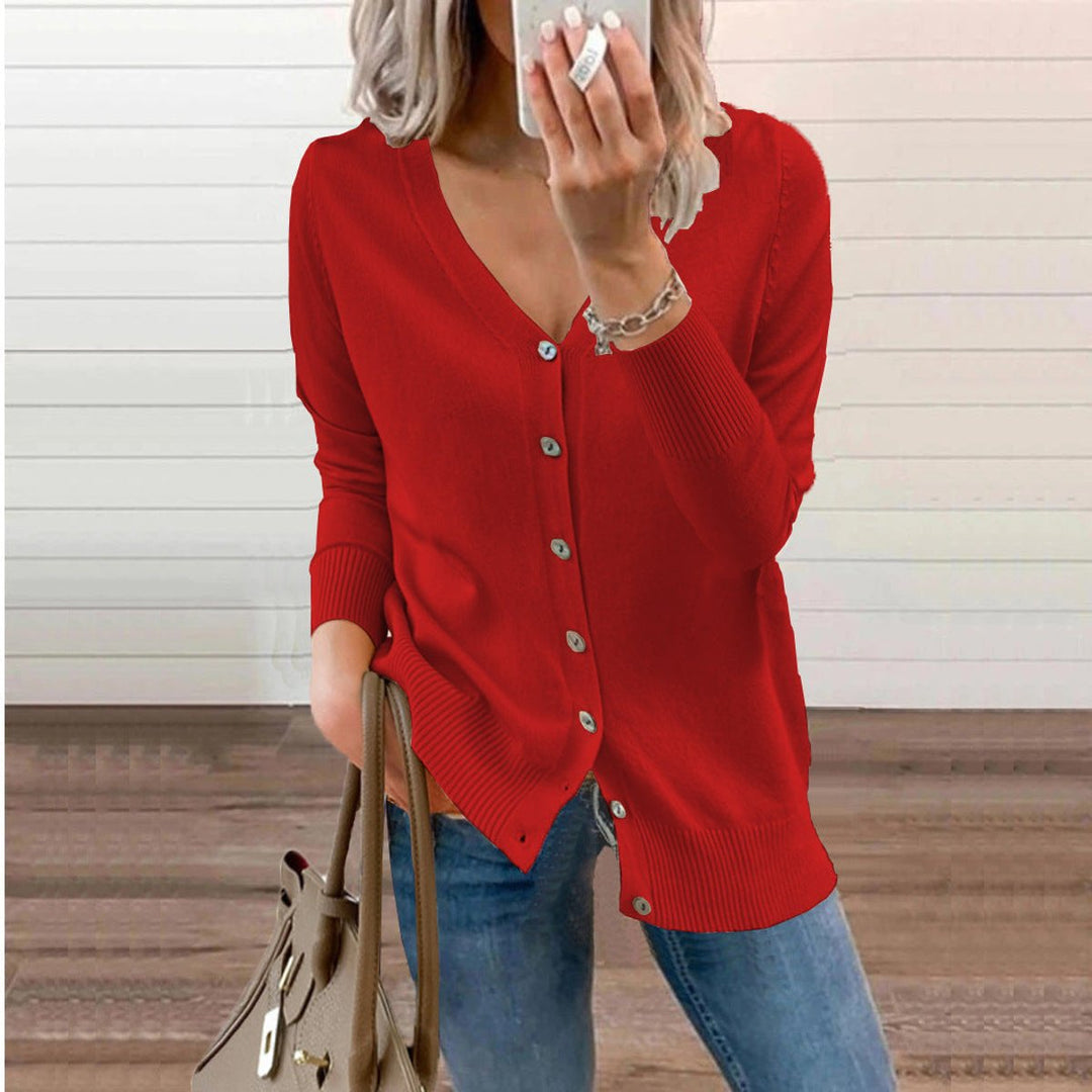 Damen Strickjacke Langarm mit V-Ausschnitt in Rot