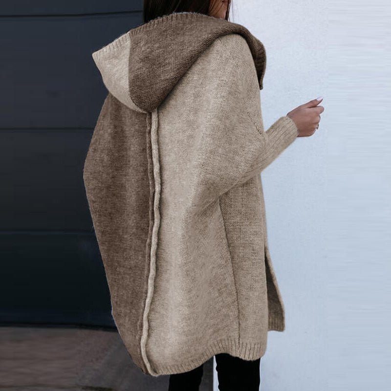 Damen Strickjacke lange mit Kapuze im Patchwork-Stil (2)