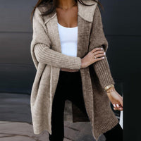 Lea | Damen Strickjacke lange mit Kapuze im Patchwork-Stil