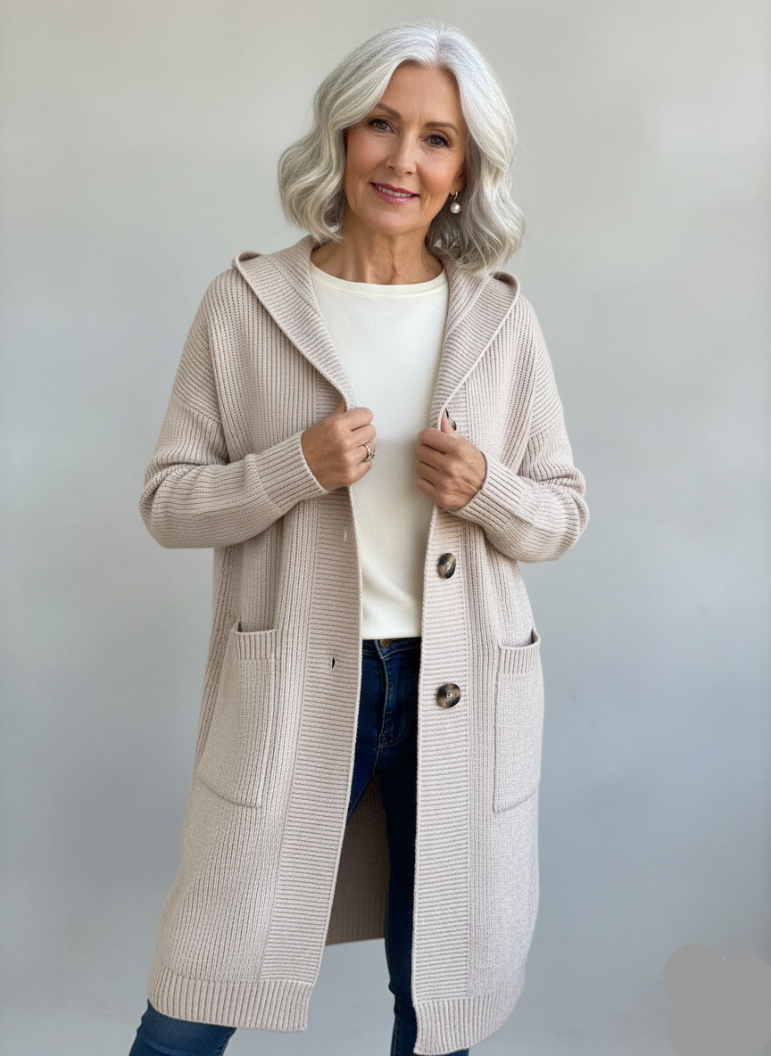 Damen Strickjacke Longline mit Kapuze in Beige