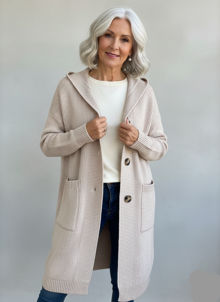 Damen Strickjacke Longline mit Kapuze in Beige