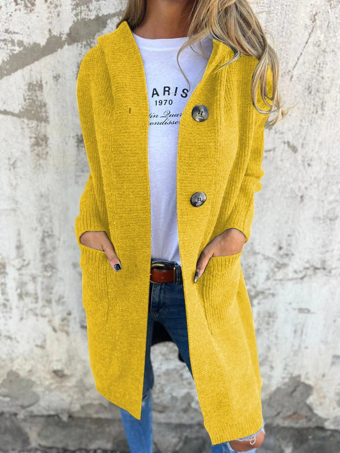 Damen Strickjacke Longline mit Kapuze in Gelb