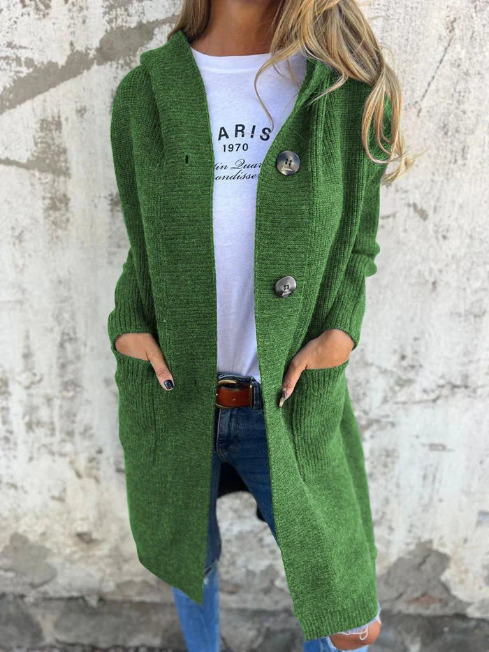 Damen Strickjacke Longline mit Kapuze in Grün