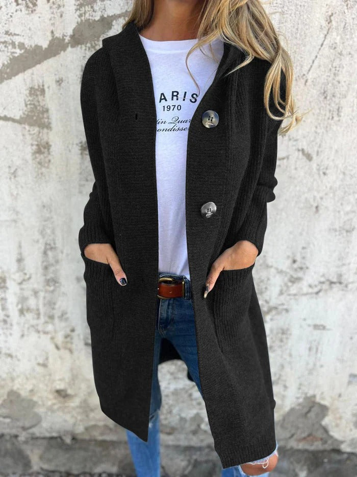 Damen Strickjacke Longline mit Kapuze in Schwarz