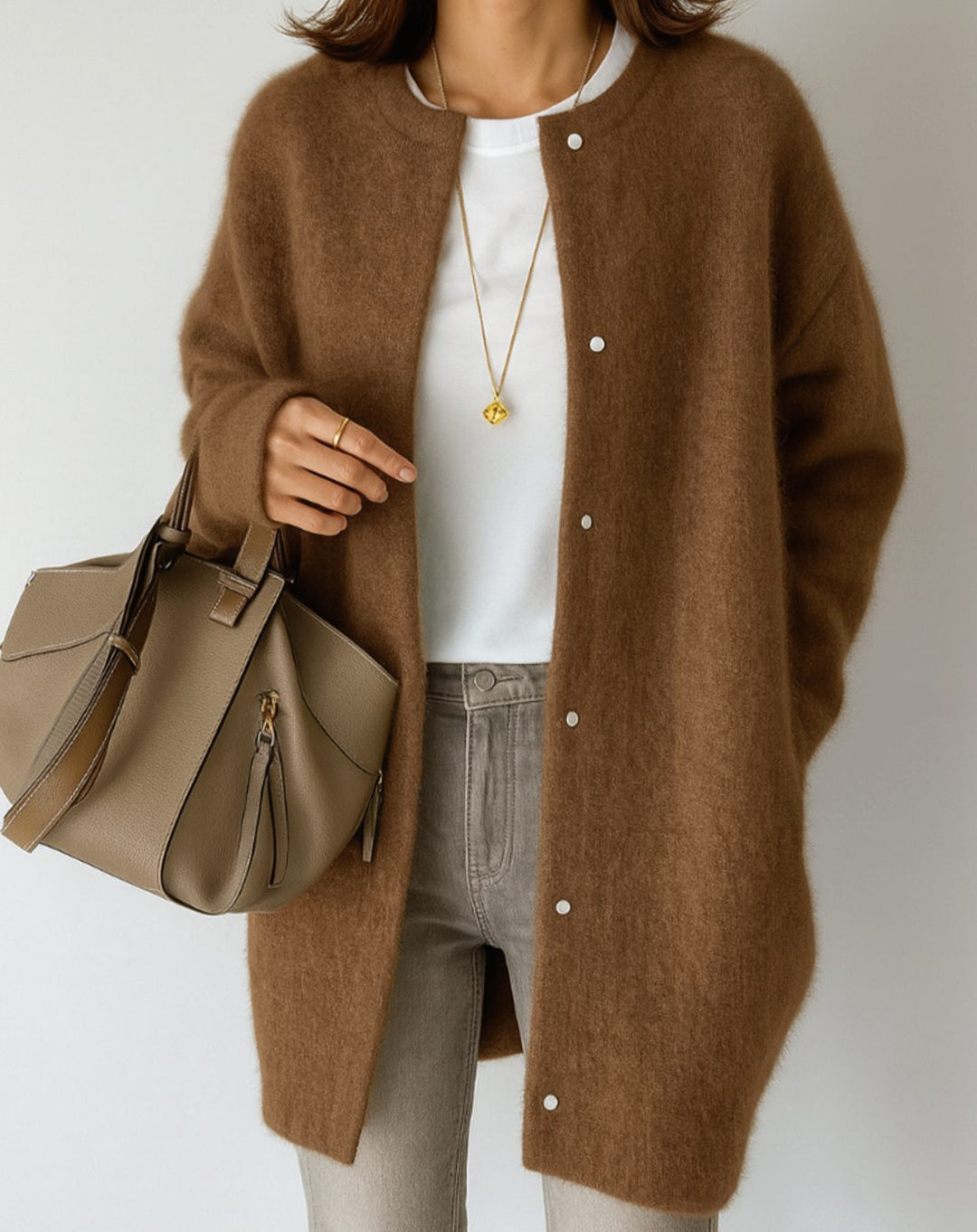 Damen Strickjacke Midilänge mit Knopfleiste in Caramel