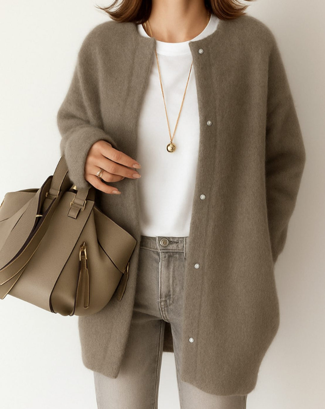 Damen Strickjacke Midilänge mit Knopfleiste in Coffee