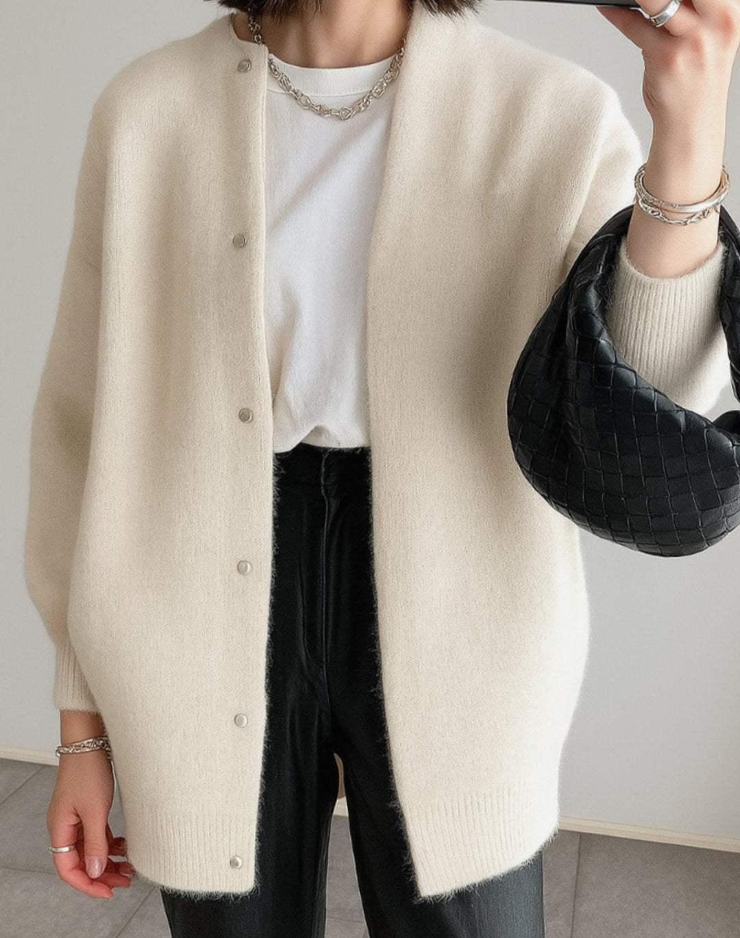 Damen Strickjacke Midilänge mit Knopfleiste in Creme