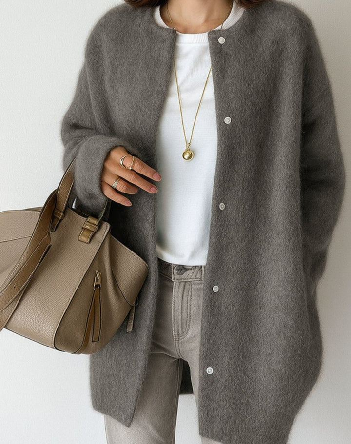 Damen Strickjacke Midilänge mit Knopfleiste in Grau