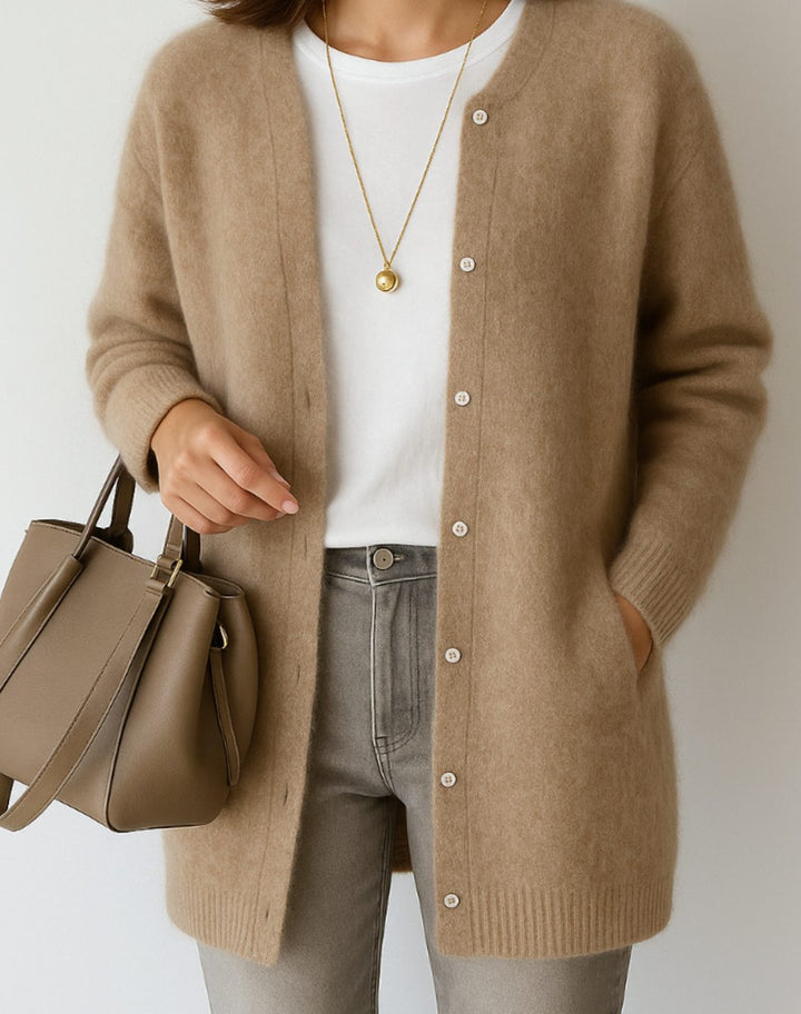 Damen Strickjacke Midilänge mit Knopfleiste in Khaki