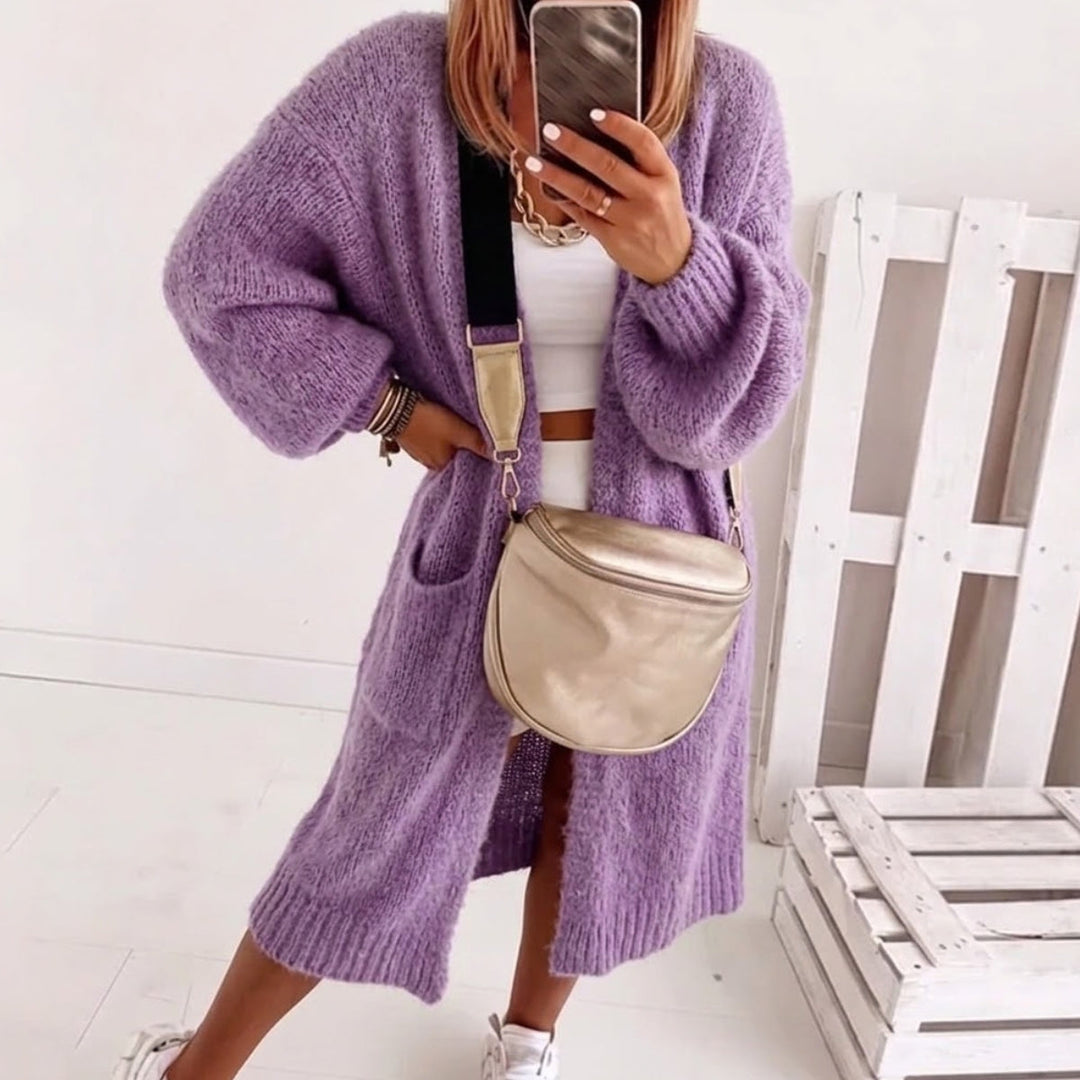 Damen Strickjacke mit Ballonärmeln und Longline in Lavender