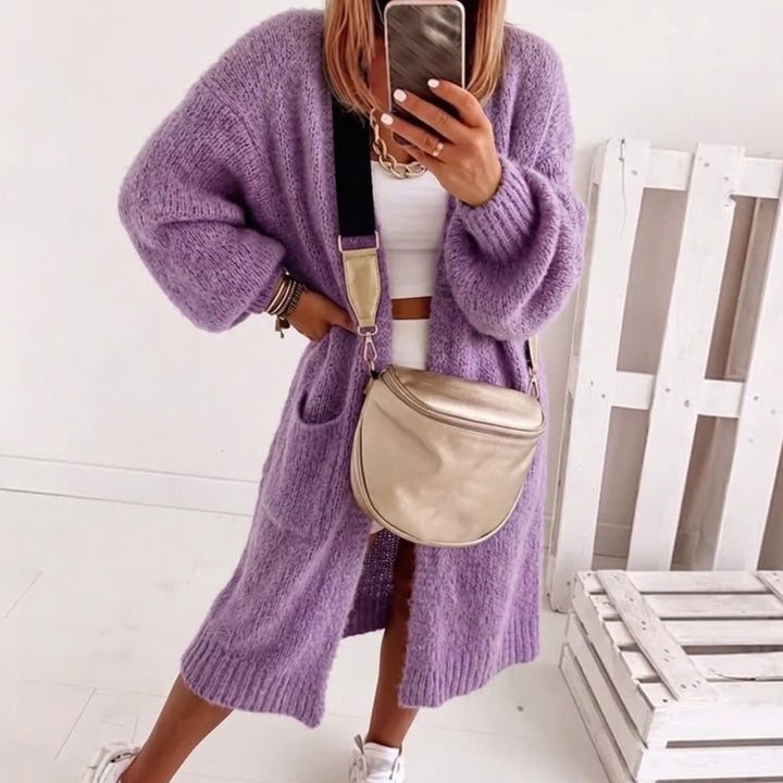 Damen Strickjacke mit Ballonärmeln und Longline in Lavender