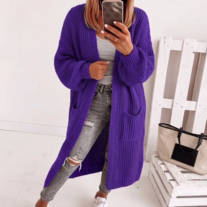 Damen Strickjacke mit Ballonärmeln und Longline in Lila