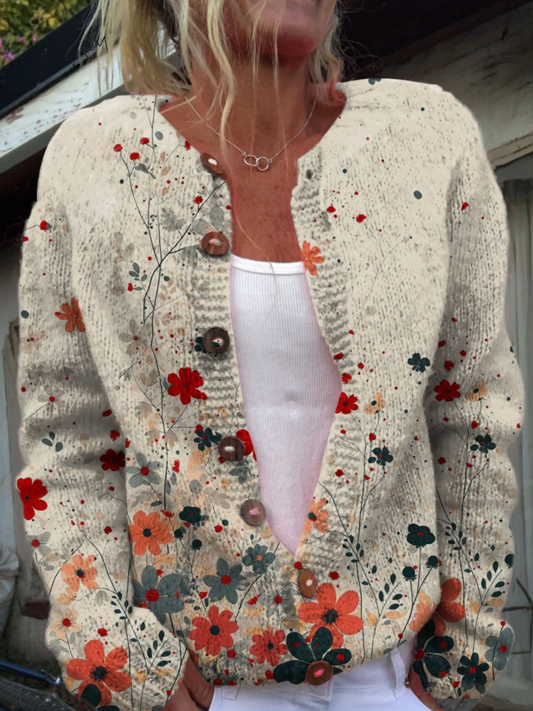 Damen Strickjacke mit Blüten-Druck für Herbst in Mehrfarbig
