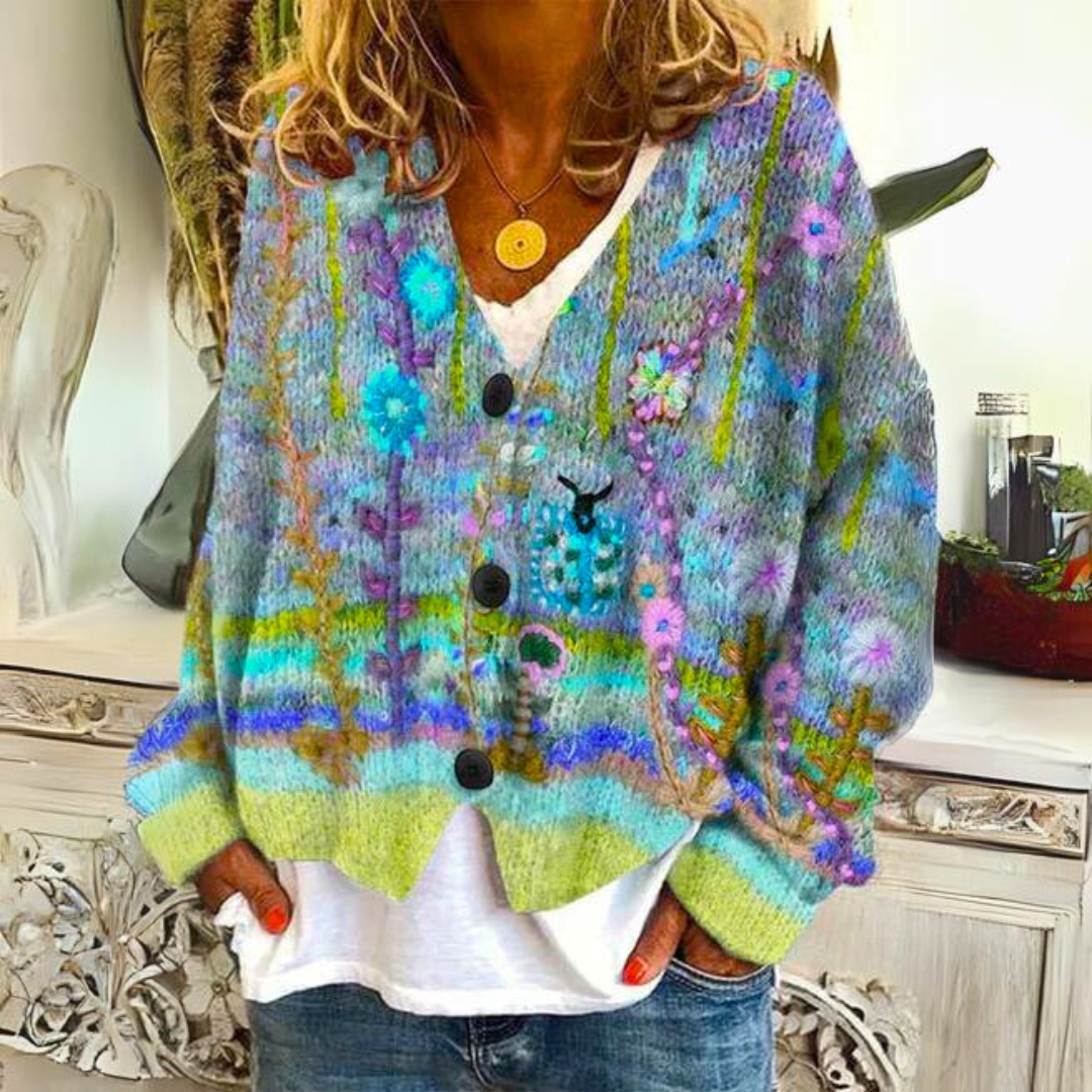 Damen Strickjacke mit Floral-Stickerei zum Lagenlook in Grün