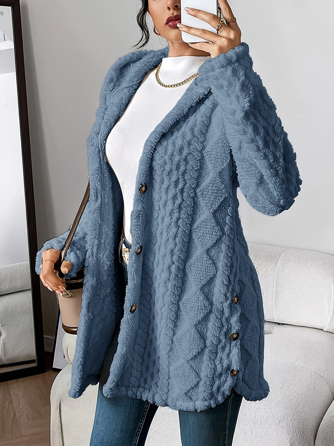 Damen Strickjacke mit Kapuze im Strukturlook in Blau