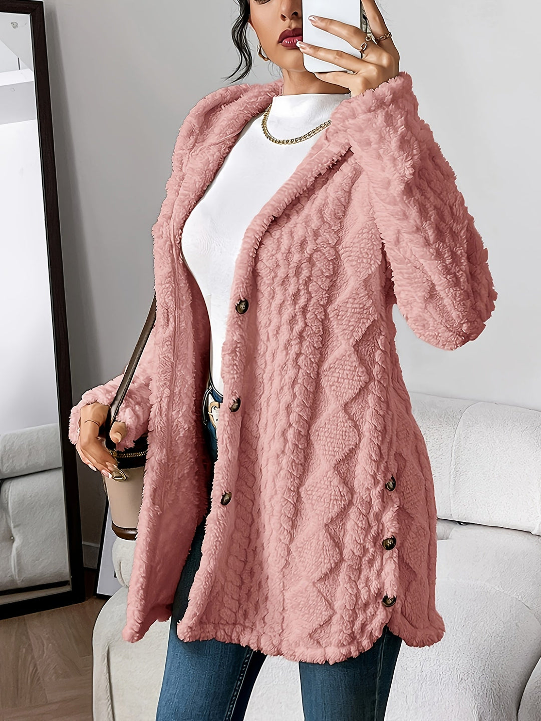 Damen Strickjacke mit Kapuze im Strukturlook in Rosa
