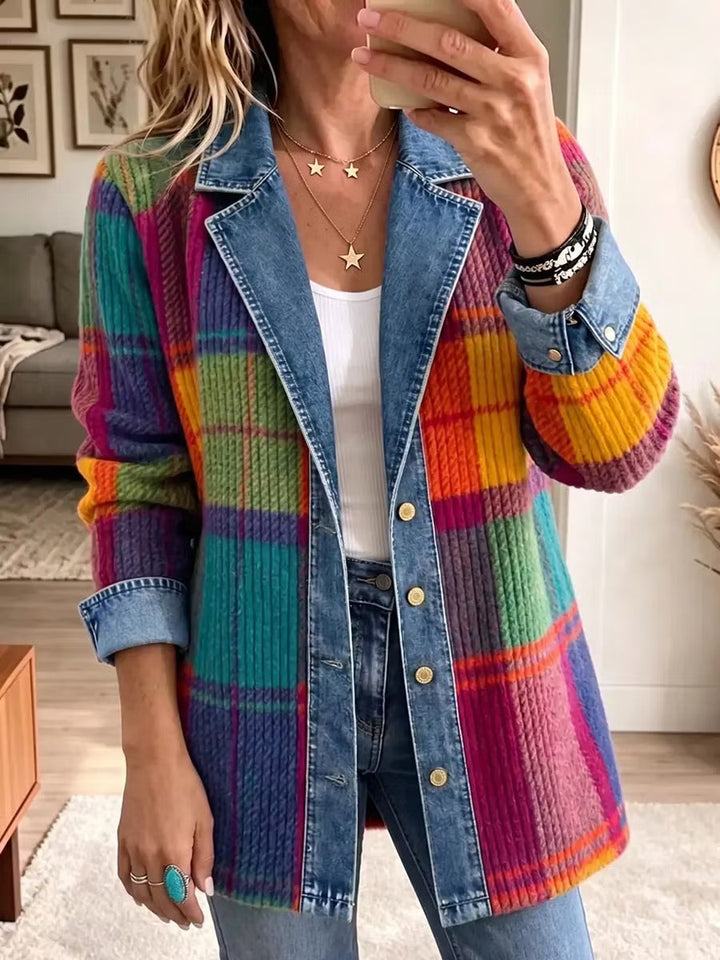 Damen Strickjacke mit Karomuster und Denim-Details in Mehrfarbig