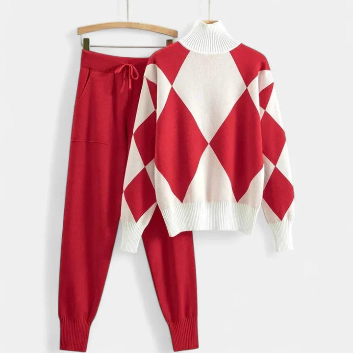Damen Strickjacke mit Rautenmuster und Strickhose in Rot
