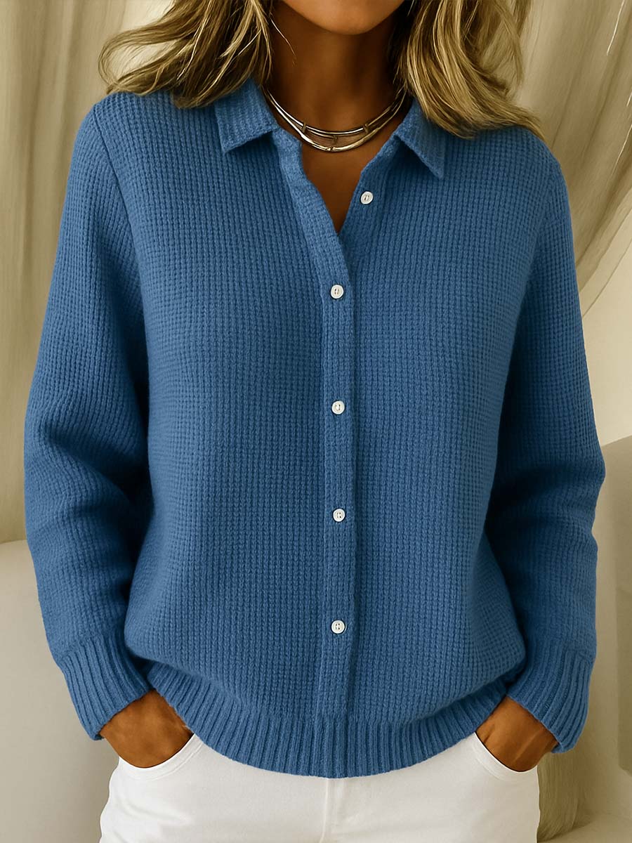 Damen Strickjacke mit Reverskragen und Knopfleiste in Marineblau