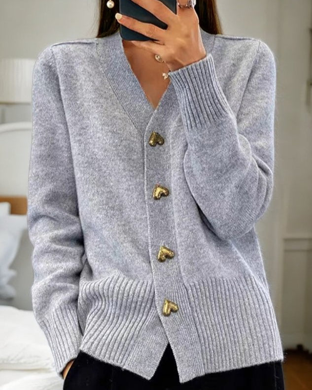 Damen Strickjacke mit V-Ausschnitt im klassischen Stil in Grau