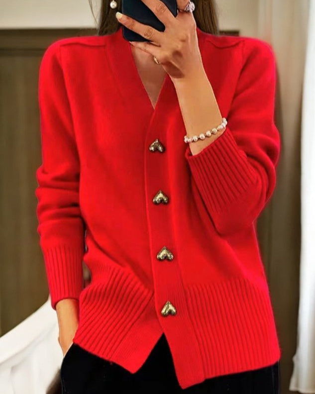 Damen Strickjacke mit V-Ausschnitt im klassischen Stil in Rot