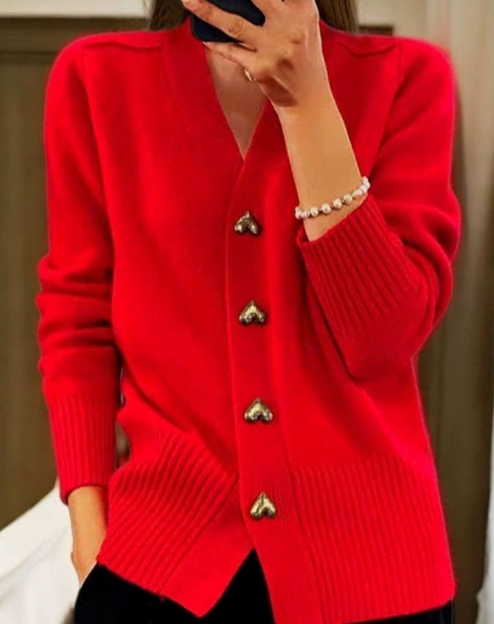 Damen Strickjacke mit V-Ausschnitt und Herzknöpfen in Rot