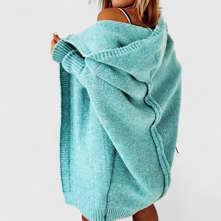 Damen Strickjacke Oversized Knielänge mit Kapuze in Blau