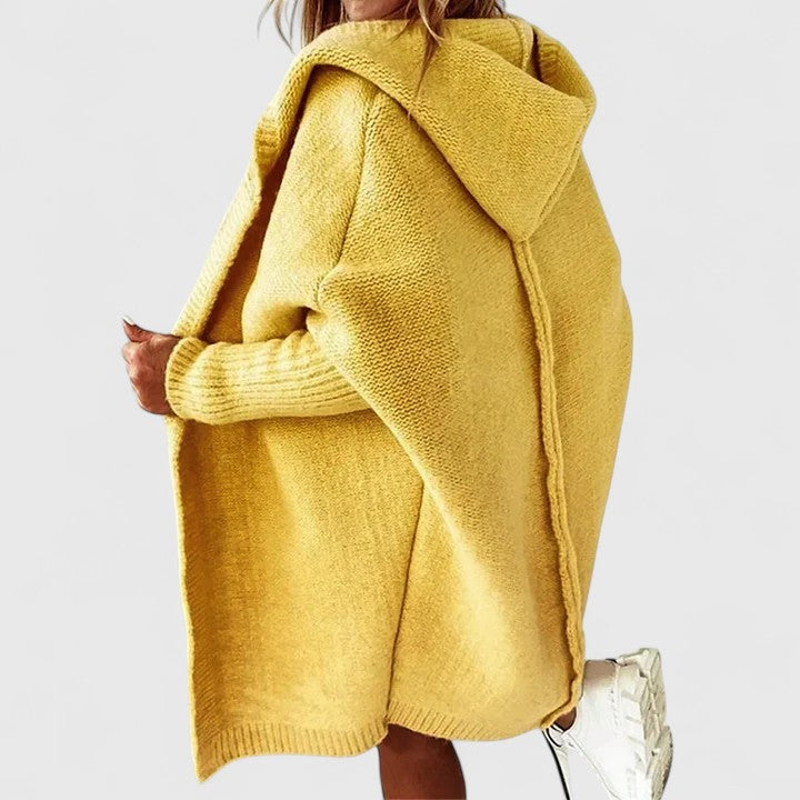 Damen Strickjacke Oversized Knielänge mit Kapuze in Gelb