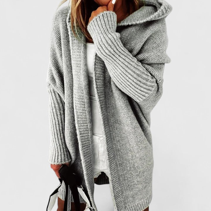 Damen Strickjacke Oversized Knielänge mit Kapuze in Grau