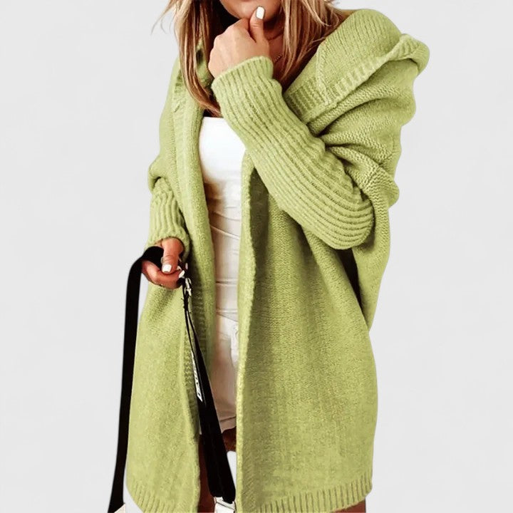 Damen Strickjacke Oversized Knielänge mit Kapuze in Grün