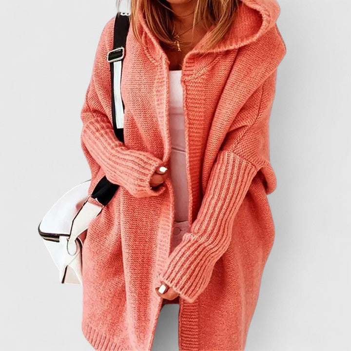 Damen Strickjacke Oversized Knielänge mit Kapuze in Orange