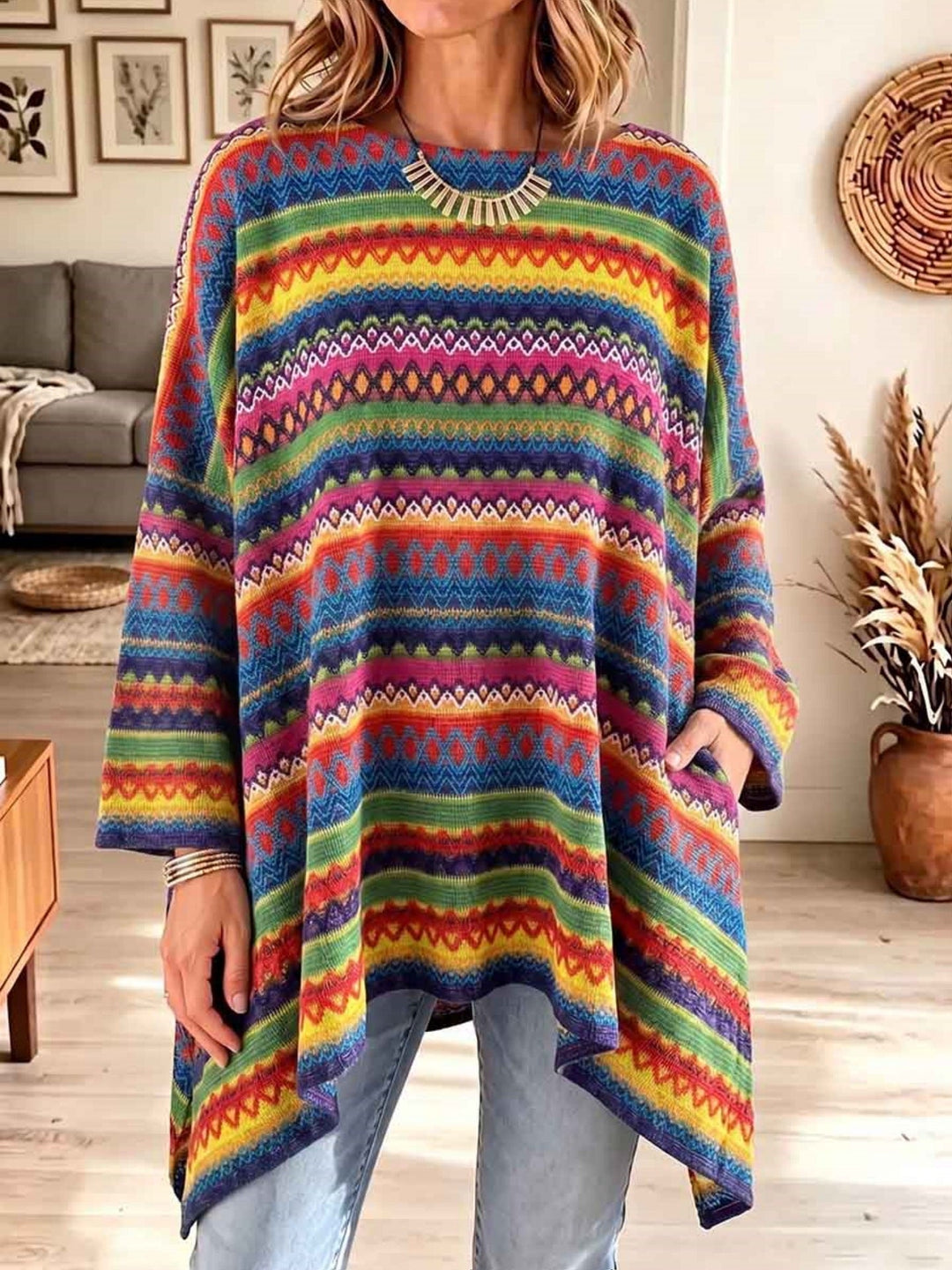 Damen Strickjacke Oversized mit Jacquard-Muster in Mehrfarbig