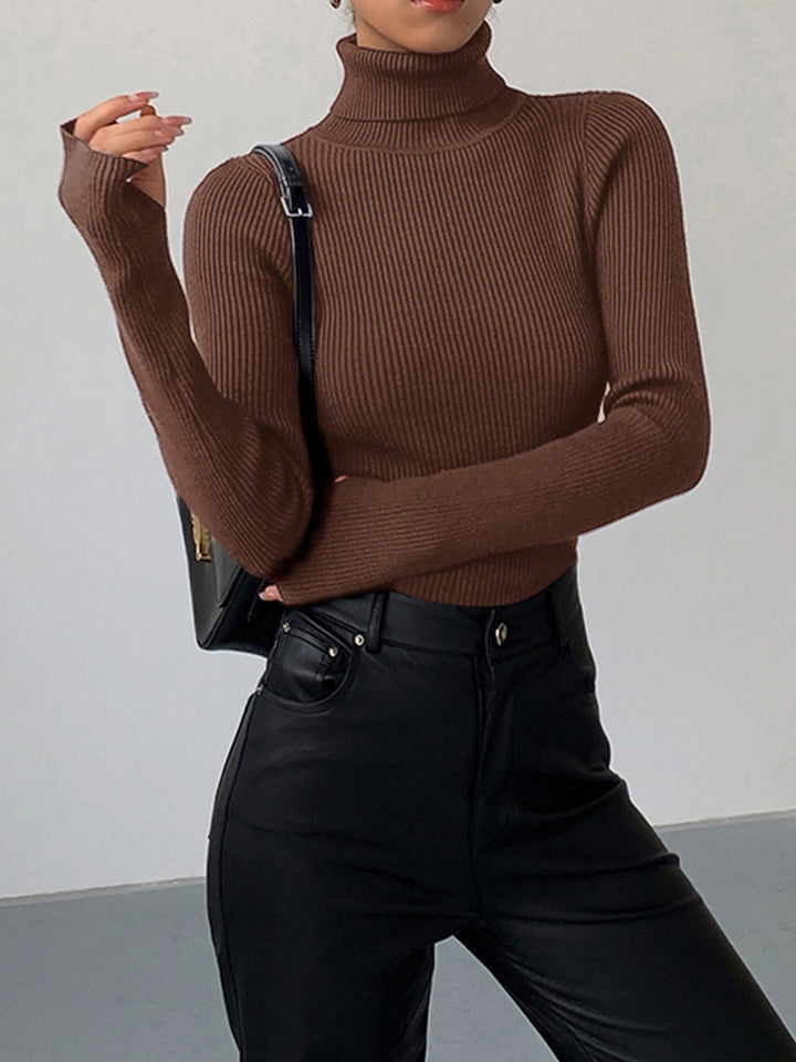 Damen Strickjacke Rollkragen Slim Minimaldesign für Winter in Dunkelbraun