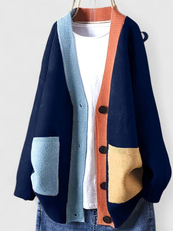 Damen Strickjacke Übersize mit Brusttaschen in Blau