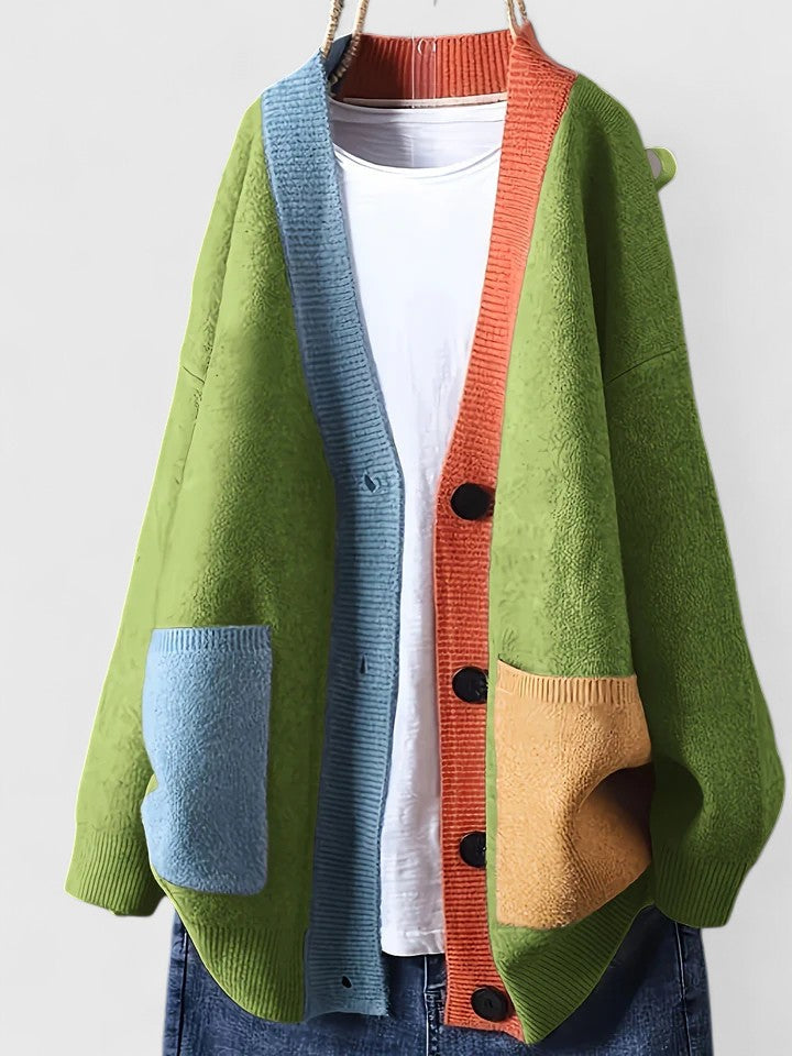 Damen Strickjacke Übersize mit Brusttaschen in Grün