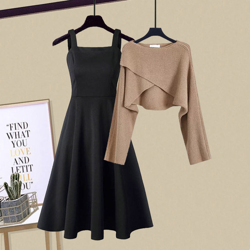 Damen Strickkleid A-Linie im eleganten Set in Braun 1