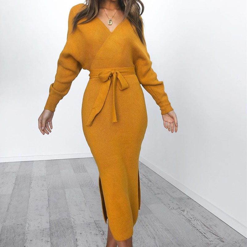 Damen Strickkleid elegant figurbetont für Herbsttage in Gelb