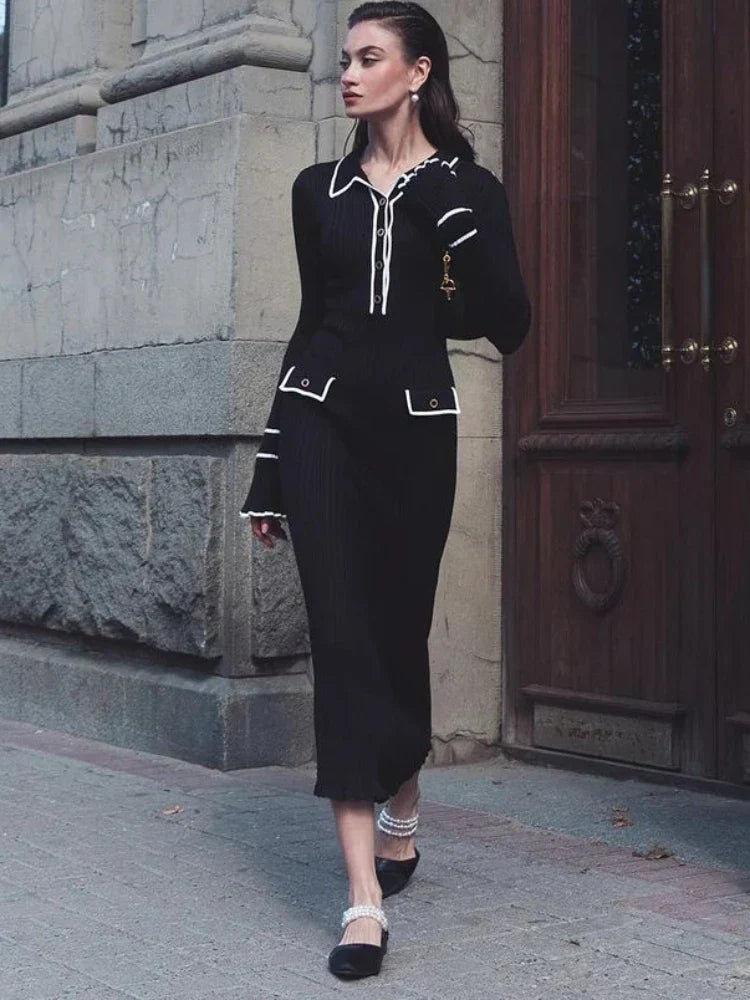 Damen Strickkleid elegant Maxi für Herbst in Schwarz-A