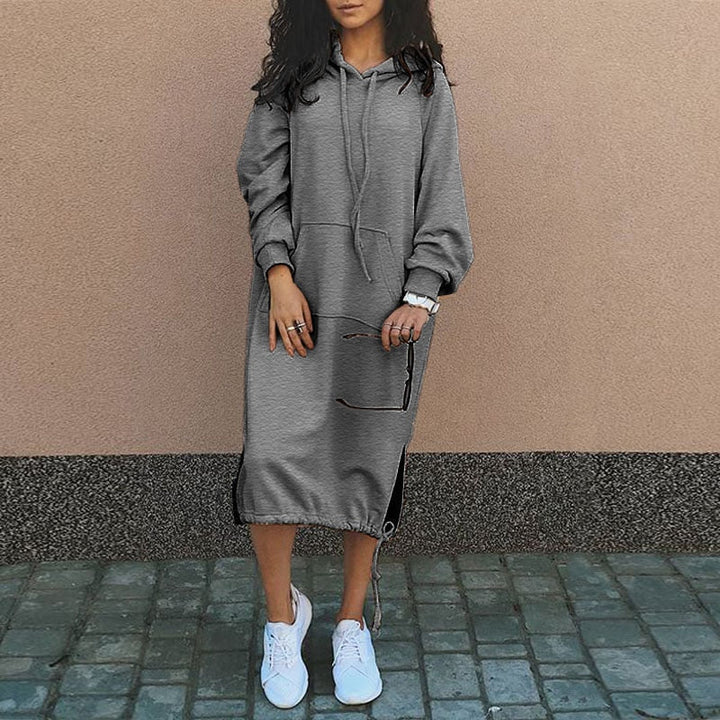 Damen Strickkleid Hoodie Relaxed für Herbst in Grau