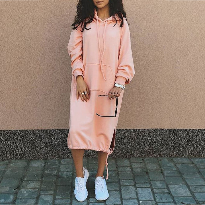 Damen Strickkleid Hoodie Relaxed für Herbst in Rosa