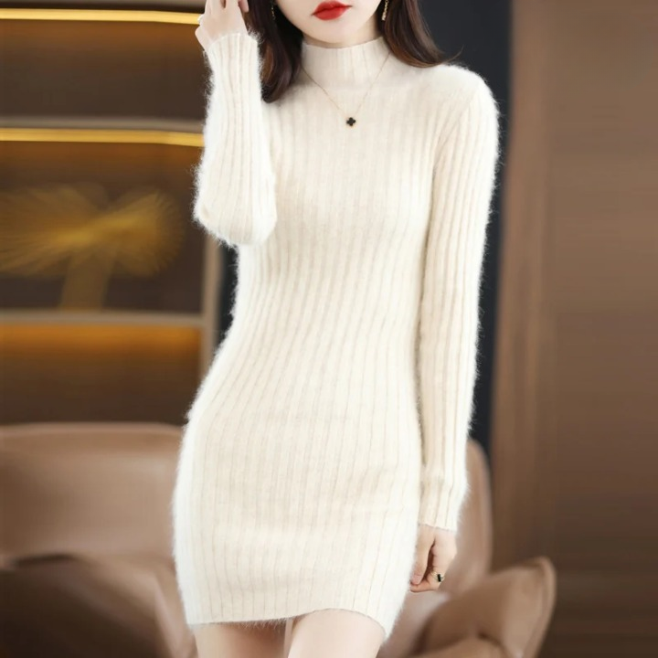 Damen Strickkleid in Knielänge für Herbst in Beige