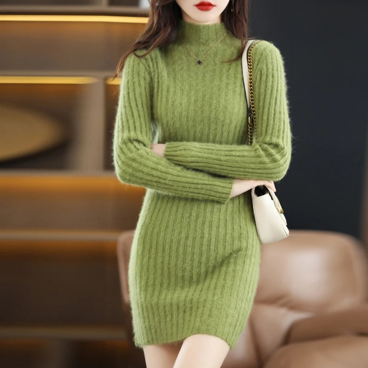 Damen Strickkleid in Knielänge für Herbst in Grün