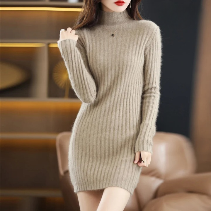 Damen Strickkleid in Knielänge für Herbst in Khaki