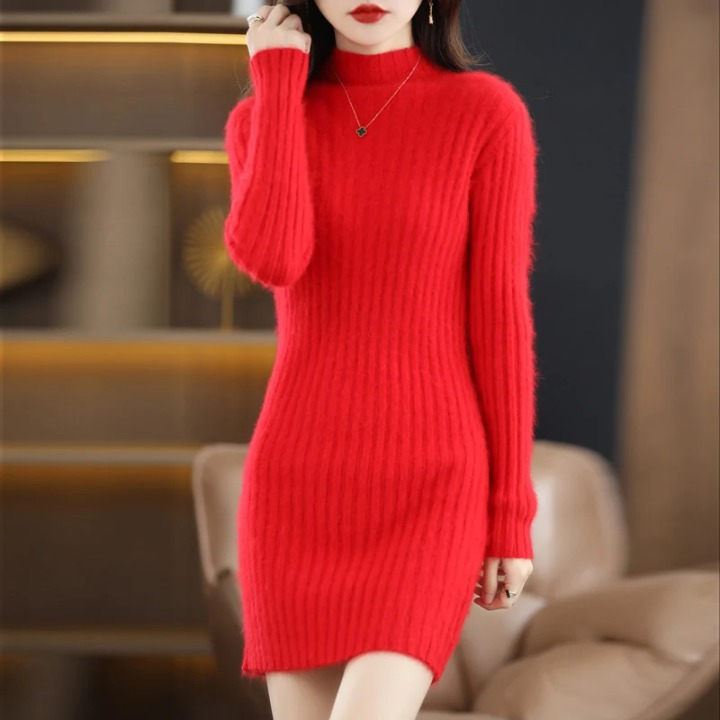 Damen Strickkleid in Knielänge für Herbst in Rot
