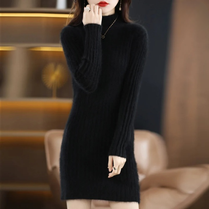 Damen Strickkleid in Knielänge für Herbst in Schwarz