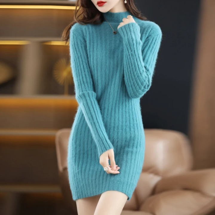 Damen Strickkleid in Knielänge für Herbst in Türkis