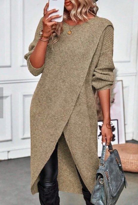 Damen Strickkleid lang und gemütlich für Herbst in Braun