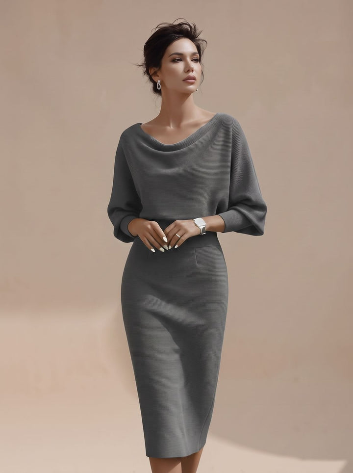 Damen Strickkleid Midi elegant für Business und Abend in Grau