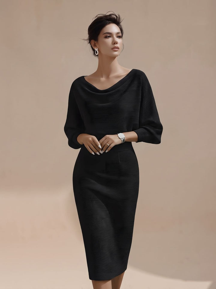 Damen Strickkleid Midi elegant für Business und Abend in Schwarz